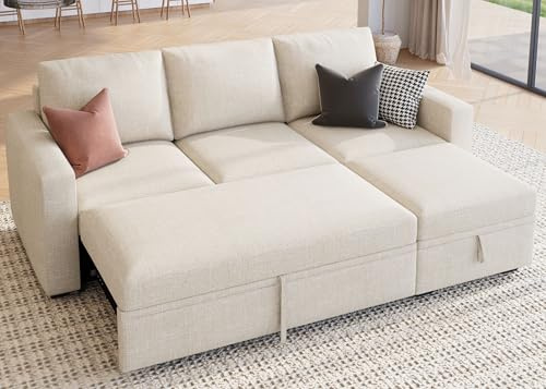 HONBAY Modular Sectional Sleeper Sofa with Pull Out Bed, L Shaped Couch with Storage Seat, Modular Sectional Couches for Living Room - Beige