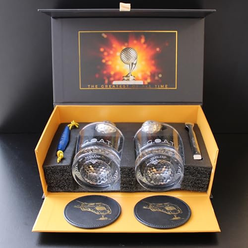 NobleSipยฎ Whiskey GOLF Glasses ๐ฃ๐ฅ๐๐ ๐๐จ๐ Set: 2 Glasses, 2 Steel Chilling Balls, 2 Coasters. Best way for a player, fan to enjoy his Old Fashioned Cocktails. Golfer bourbon home bar gift