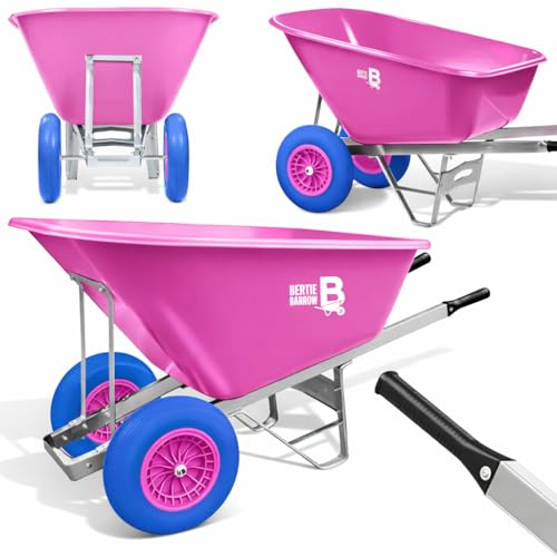 Equimed Garden Wheelbarrow - Extra Large Trolley with 200L Plastic Bucket, Puncture-Proof PU Wheels, Galvanised Frame (Pink/Blue)