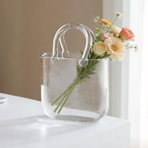 Glas plånbok vas, vas glas väska med handtag, transparent blomvas för bordsdekoration, dekorativ glasvas estetisk för långstavade blommor, frukt, fisk
