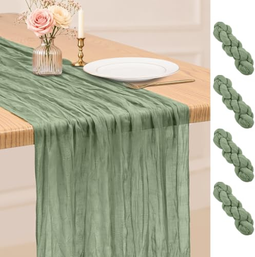 4 Pack Sage Green Table Runner 17 x 108inch Cheesecloth Table Runner Boho Gauze Table Runners for Dining Table Rustic Sheer Fabric Table Runners for Wedding Party Bridal Shower Spring