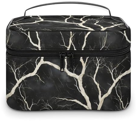 Nevjipu Bolsa organizadora de maquillaje de viaje grande de piel, con diseño de raíz de árbol negro, bolsa de aseo para mujeres, organizador de maquillaje para cuidado de la piel de las uñas