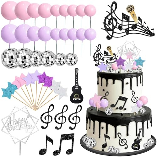 Decoracion Tartas Cumpleaños de Temática Musical 42 Piezas Deco Pasteles con Guitarra Nota Musical Bola de Espejos Decoración Creativas para Cupcakes para Fiesta de Musica Rock Birthday Baby Shower