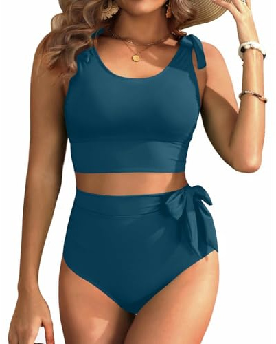 Ensembles de Bikini Taille Haute avec Contrôle du Ventre Maillot de Bain Femme 2 Pieces Sexy 1 Piece Bandeau Gainant Ventre Plat Short Bleu XL