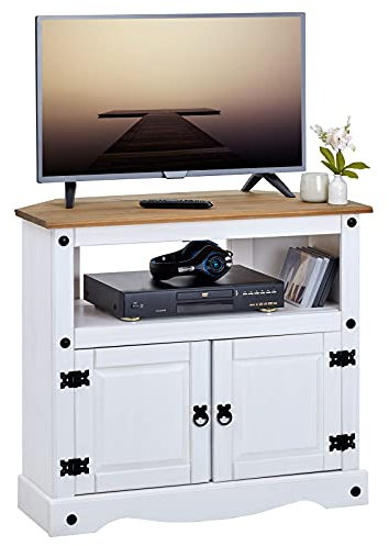 IDIMEX Meuble TV Campo L 85 cm en Bois Massif Blanc et Brun avec 2 Portes et Une Niche, Meuble de Salon Style Mexicain, pour télévision jusqu'à 99 cm