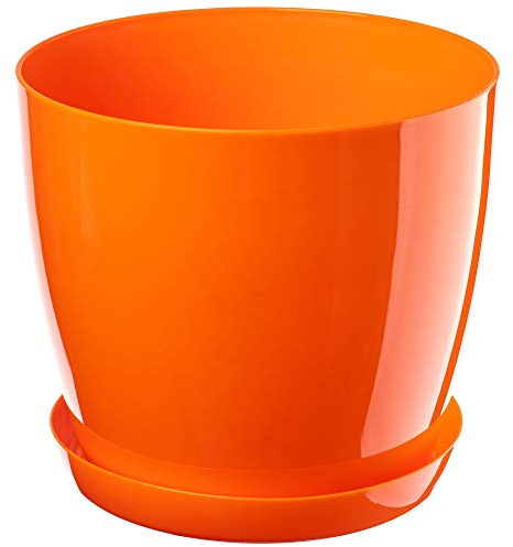 KADAX Élégant pot à fleurs/plantes avec soucoupe Forme ronde et élégante En plastique léger Pour l’intérieur et la maison Cache-pot pour fleurs, plantes Ø 18 cm Orange
