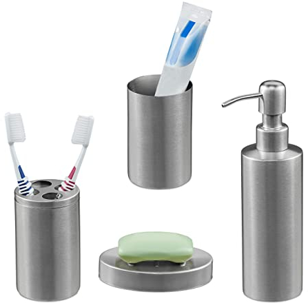 Relaxdays Badezimmer Set, 4-teilig, Badaccessoires Edelstahl gebürstet, komplette Badezimmerausstattung, modern, Silber
