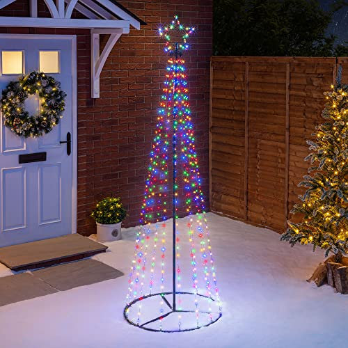 Christow Maypole Christmas Tree, Light Up Outdoor Decoration, Flashing Multi Coloured Micro LED Pyramid Light, Mains Operated (2.1m)