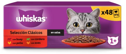 WHISKAS Duo Comida húmeda en Salsa Gatos Adultos Comb. Clásicas - 4 x 12 bolsitas x 85g