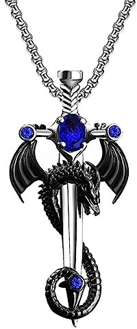 FUTIMELY Gothic Sword Dragon Necklace Vintage Wrapped Cross Pendant Punk Zircon Halloween Dark Gothic Jewelry for Men Women (Blue)