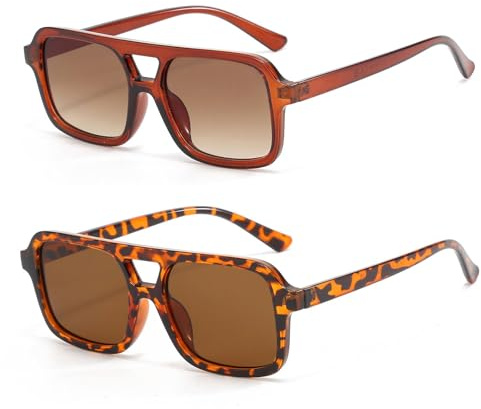 LJCZKA gafas de sol estilo piloto de moda para mujeres y hombres, montura cuadrada plana, doble puente, gafas de sol estilo vintage clásico con protección UV400, Medium