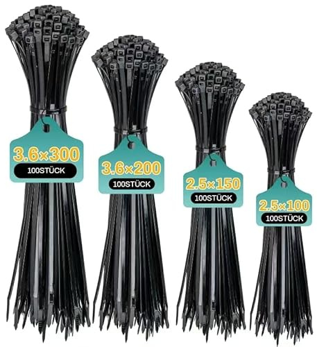 REZOSY 400 Stück Kabelbinder Schwarz Set,100/150/200/300 mm(je 100 Stück), Verschiedene Größen Super Haltbar Selbsthemmend Kabelbinder für Kabelmanagement,Gartenarbeit,Wohnen,