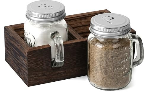Winter Shore Mason Shakers Set Sale e Pepe con Vassoio in Legno (Confezione da 2) - Sale e Pepe Set in Vetro - Saliera e Pepiera da Cucina - Speziere da Cucina - Porta Sale e Pepe