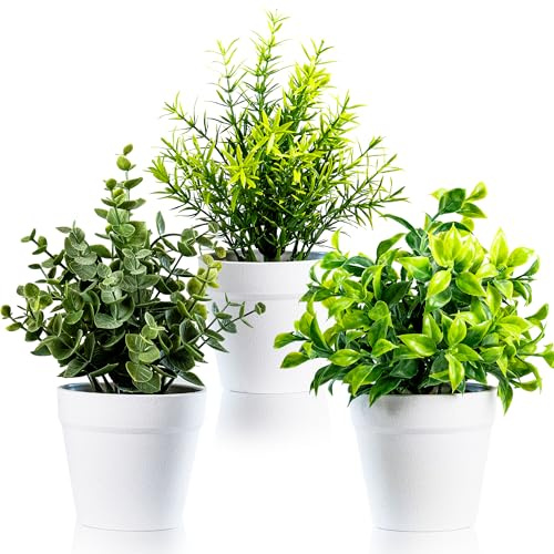TRNZ Decorative Artificial Plants Indoor in Pots Set of 3 - Plastic Fake Plants Indoor with Pot - Eucalyptus Rosemary Succulents Faux Plants for Wall Desk Bedroom Decoration Office