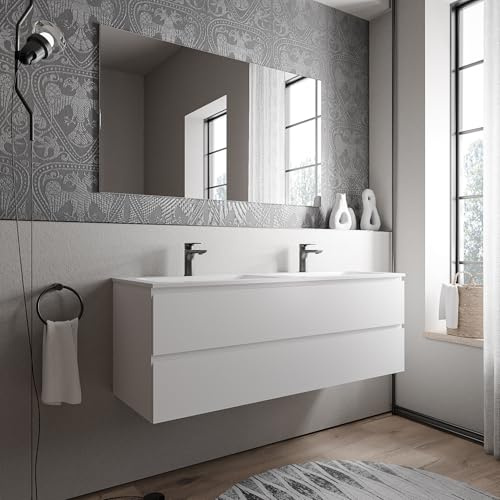 BERNSTEIN Badmöbel-Set Ava 140cm bestehend aus Mineralguss-Doppel-Waschbecken mit Unterschrank in Weiß matt, Waschtisch CREAM - Weiß matt mit Hahnloch, Ideal für große Bäder