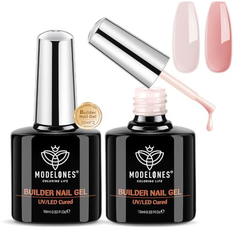 Modelones Builder Gel Set, 2 Pcs 10ml Nude and Rose Pink Builder Gel in a bottle, Nail Strengthener Builder Nail Extension Gel Builder for Nail, LED Nail Lamp Cured Hard Gel