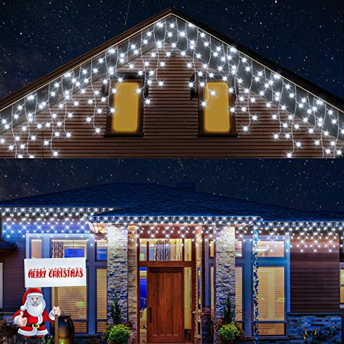 cshare Christmas Icicle Lights Outdoor, 15.3M/49Ft 480 LEDs Icicle Hanging Fairy Lights, Mains Powered with 8 Modes,Memory,Timing,Waterproof for Window,Roof,Wall,Gazebos Xmas Decorations,Cool White