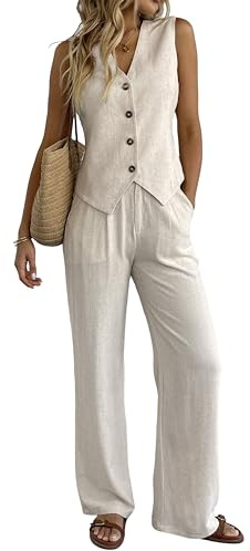 Women's 2 Piece Outfits Linen Vest Waistcoat Dressy Casual Sets Wide Leg Pants Suits, Beige, XS