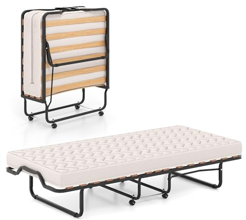 COSTWAY Cama Plegable con Colchón en Memory Foam 90 X 200 cm, Cama Supletoria Plegable con Ruedas, Acolchado Ondulado Doble Relleno de Fibra, Rápida de Montar, Ahorra Espacio, en Italia (Beige 1)
