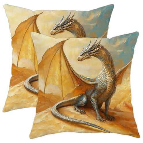 Fantasy Dragon - Juego de 2 fundas de almohada de criatura mítica con alas doradas, fundas de cojín cuadradas decorativas de temporada para el hogar, sofá, dormitorio, 18 x 18 pulgadas