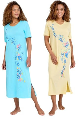 Amber Ladies Pack of 2 Nightdresses for Women Short Sleeve Nighties Comfortable Sleepwear Cotton Nightdress Blue/Lemon 16-18