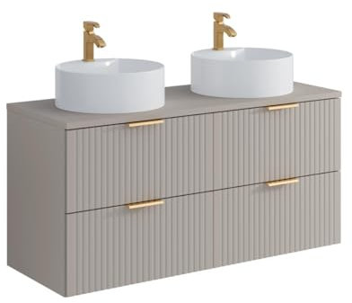 Vente-unique-Mobile per bagno sospeso con scanalature e lavabo doppio da appoggio tondo L120 cm Beige - ZEVARA
