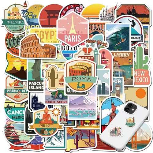 AzureRay Pack de 50 Pegatinas Vintage Impermeables para Maletas, Pasaporte, Viaje, Pegatinas Decorativas Estéticas para Scrapbooking, Moto, Kindle, Bicicleta, Portátil, Niños