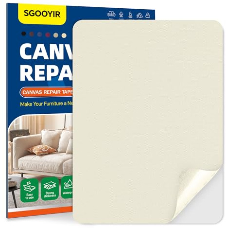 Self-Adhesive Canvas Repair Tape, 8.3 x 11 Waterproof Canvas Repair Patch, Fabric Patch Repairs Kit for Furniture, Tents, Sunbrellas, Boat Covers Awnings, Couches, Clothes, Bags Beige&White