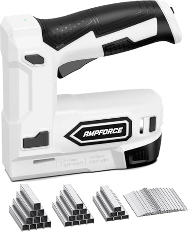 AMPFORCE Akku Tacker, 2-in-1 Lithium-Ionen-Heftgerät, 4V Nagelgerät Set Mit Ladekabel, 1200 Heftklammern &400 Nägel, Power-Tacker für Bastelarbeiten, DIY und Polsterarbeiten