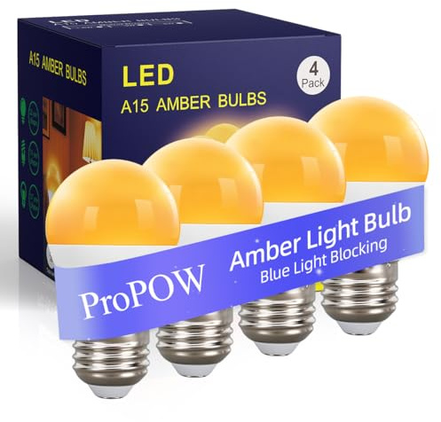 ProPOW 1800K Amber Sleep Light Bulbs - Blue Light Blocking, Dimmable A15 E26 LED Bulbs (3W, 25W Eqv) for Healthy Sleep, Bedroom & Nursery, 4 Pack