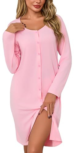 Litherday Camicia da Notte Donna Manica Lunga Cotone con Bottoni | Vestaglia da Notte Invernale Scollo Rotondo,Abito da Notte Allattamento,Morbido e Confortevole
