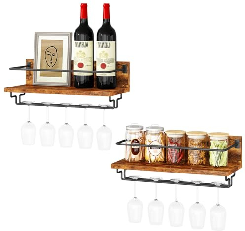 IBUYKE Estante de Pared,Juego de 2,Estante para Vino de Madera,Botellero para Copas de Vino,Botellero para Botellas para Cocina, Comedor, Bar, Marrón Rústico TMJ910H