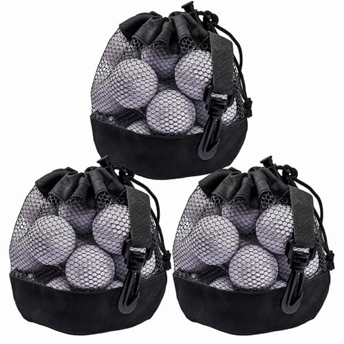 KyuerWK 3PCS Golf Ball Bags with Drawstring, Nylon Mesh Bag for Golf Balls, Design for Most Outdoor Storage (Black)