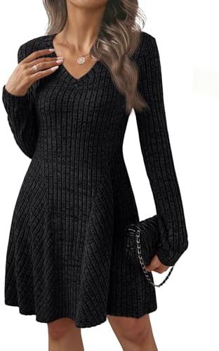 AUTOMET Womens Sweater Dresses V Neck A-Line Casual Fall Outfits 2026 Black