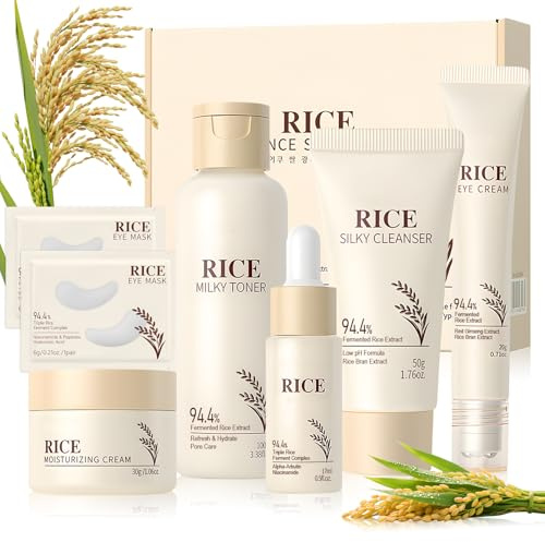 7 Pièces Riz Coffret Soin Femme, coffret soin visage femme, Riz skin care avec Lait Demaquillant, Rice Toner, Creme Visage, Creme Yeux, Patch Yeux Coréen, Serum Visage, Hydrate et Nourrit