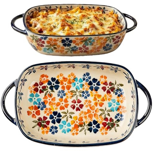 Fuente Pequeña De Cerámica,Plato Hornear Ceramica Con Asas,Cazuela De Cerámica,Bandeja Horno Ceramica Para Lasaña,Tiramisú,Tiramisú,Pudín 23,5 x 13,5cm,Flores De Colores
