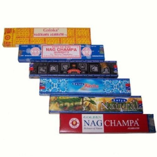 Satya Räucherstäbchen 6er Set Nag Champa Aastha Goloka Natural Räucherware 91g