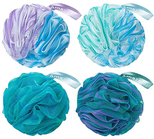 AmazerBath Loofah Sponge 60g/Piece, Exfoliating Bath Sponge Body Scrubber - Loofa Set of 4 Flower Color (Green-Purple)