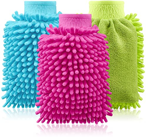 com-four® 3X Waschhandschuh für KFZ und Haushalt - Microfaser-Handschuh - Chenille-Handschuh - Putzhandschuh für die Autopflege, Autowäsche und Fensterreinigung (3-teilig - blau/pink/neongrün)