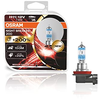 OSRAM Night Breaker H11, 200 Prozent Mehr Helligkeit, Halogen-Scheinwerferlampe, 64211Nb200-Hcb, 12V PKW, Duo Box (2 Lampen), Weiß