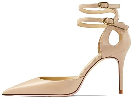 Saekcted Femmes Aiguille Haut High Talon Heel Fermé Pointu Bout Sandales Lanières Cheville Two-Piece Boucle Party Sexy Chaussures Beige 37 EU