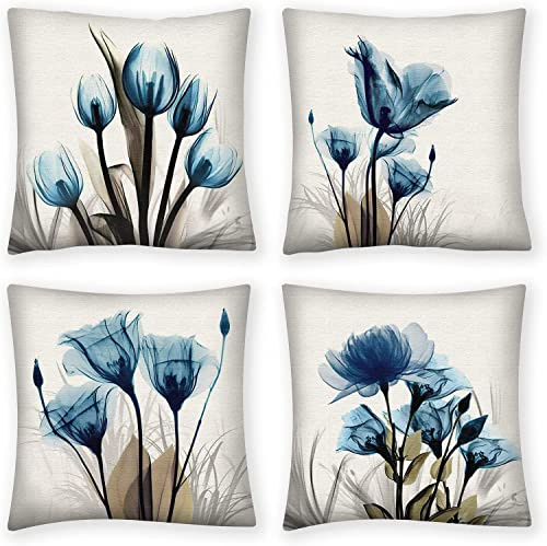 QUALKNOY Set of 4 Cushion Covers 18x18 Blue Flower Linen Modern Art Decorative Throw Pillow cases 45 x 45cm for Living Room Sofa Outdoor Pillowcases