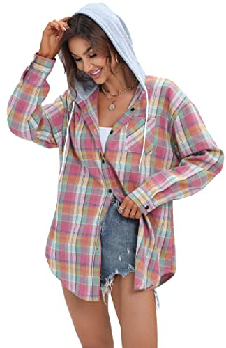 Womens Oversized Flannel Shirts Hoodies Long Sleeve Button Down Boyfriend Checked Shirts