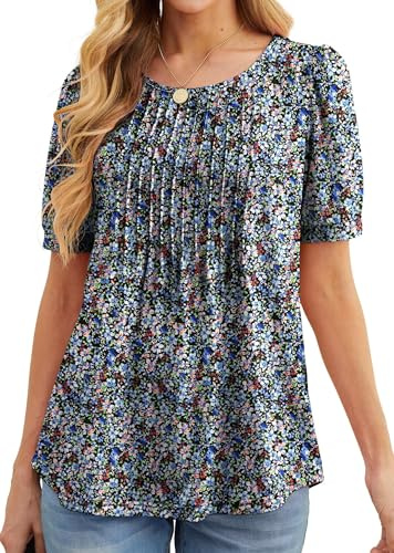 GRECERELLE Womens Summer Tops Casual Dressy Soft Short Sleeve Tunic Front Pleated Spring Crew Neck Tees T-Shirts Loose Blouse for Ladies