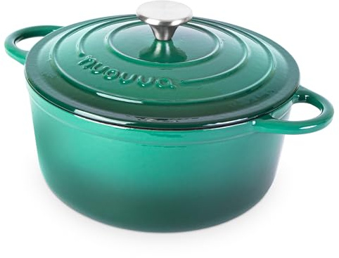 Nuovva Enamelled Cast Iron Dutch Oven Pot with Lid – 5 Quart Casserole Dish – Ceramic Dutch Oven for Bread Baking, Roasting, Braising & Stews – Oven Safe up to 500°F – 24cm Dark Green