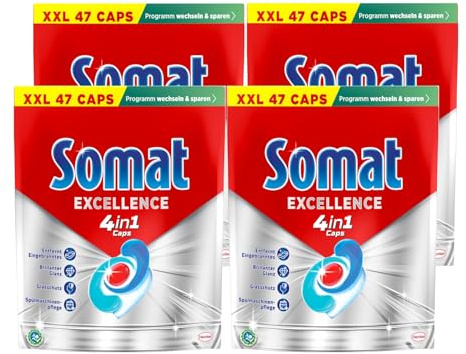 Somat Excellence 4-in-1 Caps, 188 Caps (4 x 47 Caps), Quick Resolution Dishwasher Tablets, Somat Caps for Excellent Cleaning and Shine Even in the Eco Program and at Low Temperatures