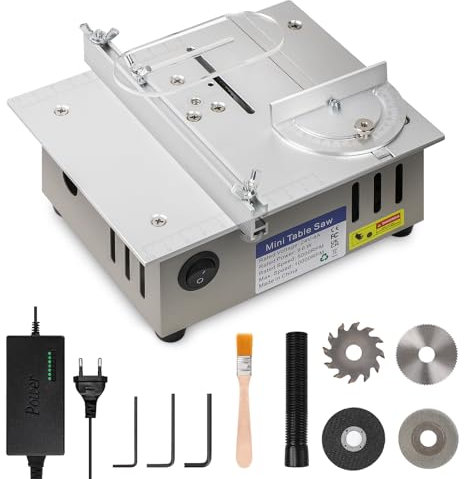 Mini sega circolare da tavolo con 4 lame, alimentatore di rete a 7 marce, lama per sega da 0,1 – 15 mm, regolabile in altezza, multifunzione, portatile, di precisione, per progetti fai da te e taglio