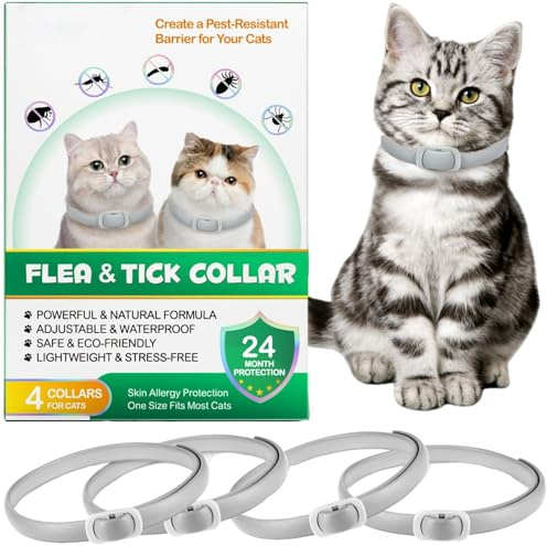 Collier Anti Puces pour Chat, Collier Anti-puces et Anti-tiques pour Chat, Protection Efficace de 24 Mois (Gris, 4PCS)