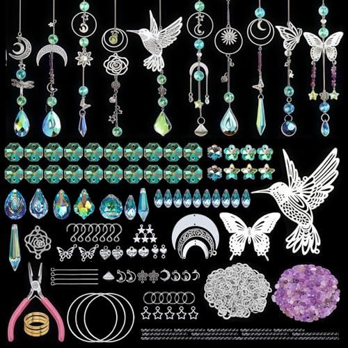 LEKEFETO Lot de 400 pièces attrape-soleil en cristal - Kit de bricolage - Pendentif en cristal - Décoration de fenêtre - Attrape-soleil - Carillon éolien avec colibri argenté - Décoration à suspendre