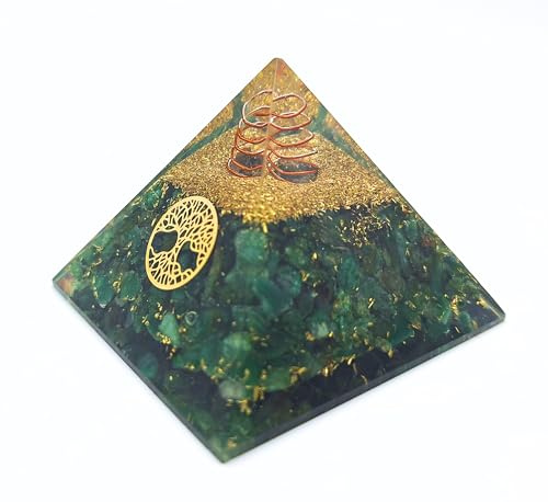 Pirámide de orgonita con piedras preciosas auténticas, armonización energética con piedras curativas, espiral de cobre, árbol de la vida, protección de la energía, buena suerte, armonía (aventurina